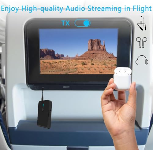 Bluetooth 5.3 Transmitter Receiver for TV and Wireless Headphones, 2-in-1 Bluetooth Adapter, Wireless Transmitter for TV, PC, MP3, Gym, Airplane Use with Any 3.5 mm Audio Jack… - color: Black