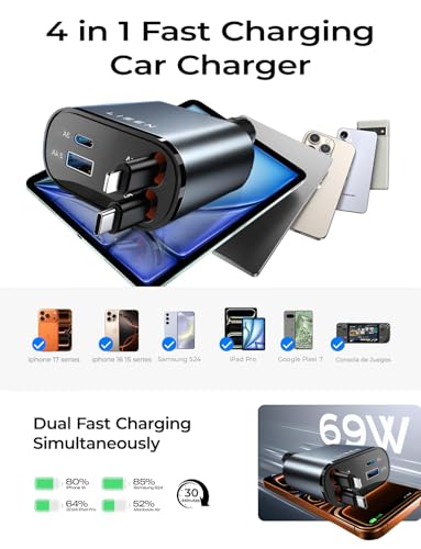 LISEN Retractable Car Charger, [2026 Upgrade 50 inch ] Long 4 in 1 Retractable Cable Car Charger, USB C Car Charger Fast Charging for iPhone 17 16 15 14 13 12 11 X Pro Max Plus Mini, Samsung S26 S25 - color: Grey, size: 50 Inch