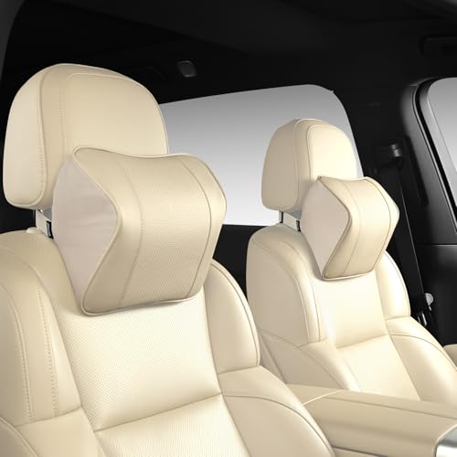 Quintor Genuine Leather Car Neck Pillow,Memory Foam Headrest Cushion, Ergonomic Cervical Support for Tesla Model 3/Y/X, Lexus, BMW- Breathable & All-Season Soft (2 PC) - color: Beige