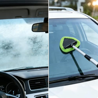 Microfiber Car Windshield Cleaning Tool with Extendable Handle,Car Defogging Glass Cleaning Brush with 4 Reusable Microfiber Pads 1 Spray Bottle and 1 Car Dust Removal Brush. (Green) - color: green