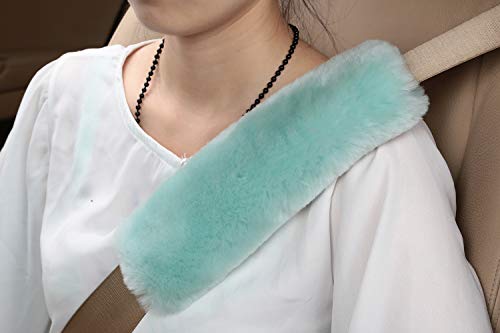 U&M 2 Pack Genuine Sheepskin Auto Seat Belt Cover for Adult Youth Kid Toddlers -Soft Warm Car, Truck, SUV, Camera Backpack Strap Shoulder Pad Wool Fluffy - color: mint green