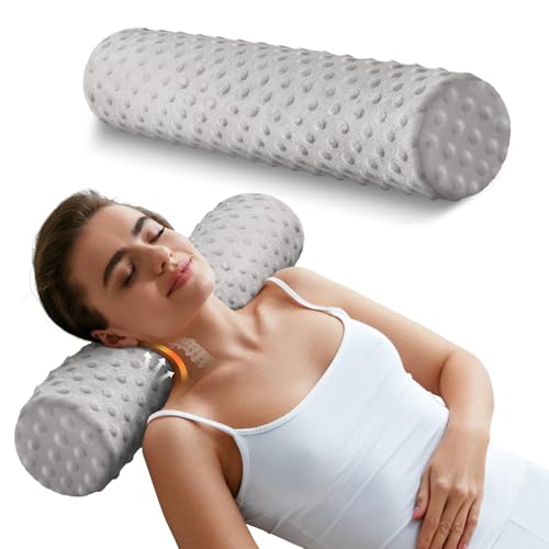Memory Foam 4" Round Pillow, Cervical Neck Pillow for Pain Relief, Cylinder Pillows 18"x 4", Removable Cover, Neck Roll Pillow for Sleeping, Velvet Dots, Grey - color: Velvet Dots Grey, size: 4”H