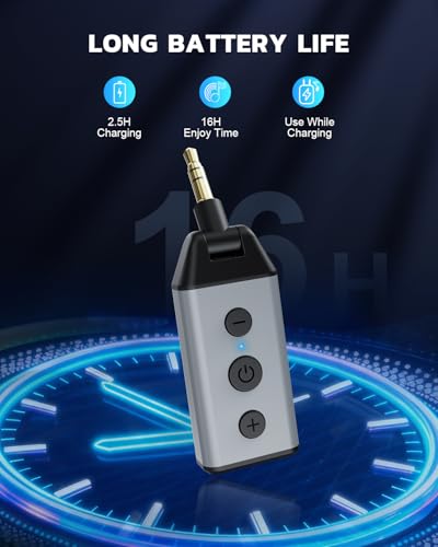 1Mii B04 Bluetooth 5.4 Receiver for Car, 3.5mm Jack AUX Bluetooth Car Adapter, Wireless Audio Receiver for Home Stereo with Volume Control, Hands-Free Clear Call, 16H Battery Life (RX Only)