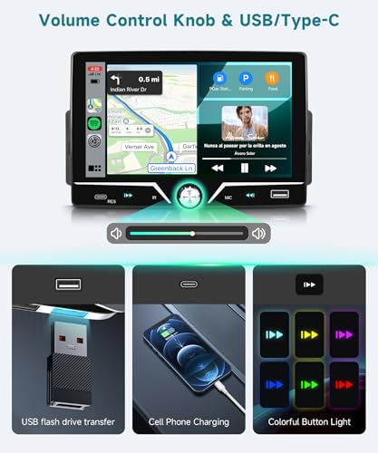 Single Din Radio with Wired CarPlay & Android Auto, 7" HD Touch Screen,Single Din Car Stereo with Mirror Link, SWC, FM Radio, Bluetooth,USB/Type C, EQ for Car Audio - style: Dual USB & Center knob