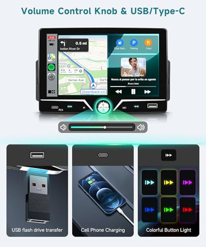 Single Din Radio with Wired CarPlay & Android Auto, 7" HD Touch Screen,Single Din Car Stereo with Mirror Link, SWC, FM Radio, Bluetooth,USB/Type C, EQ for Car Audio - style: Dual USB & Center knob