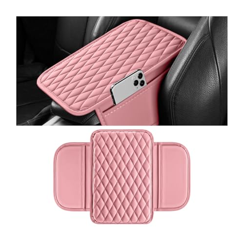 Car Armrest Cushion Pad, Leather Vehicle Center Console Cover with 2 Storage Bags, Non-Slip Automotive Interior Arm Rest Seat Box Cover Accessories, Universal for SUV RV Sedan (Pink) - color: Pink