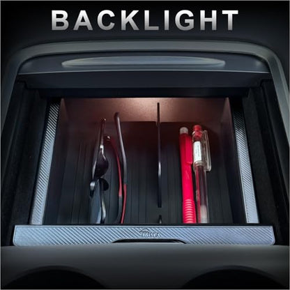 JVMA Center Console Organizer for Tesla Model Y 2024 2023 2022 2021 and Model 3 2021-2023 Accessories with Backlight Transparent Smooth Slide 3 Carbon Edition Upgrade - size: Model y '21-'24 & Model 3 '21-'23