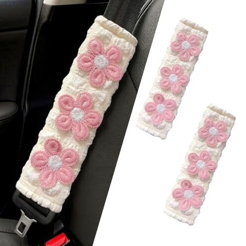 JDDRY 2PC Car Seat Belt Covers Pads,Seat Strap Pads,Auto Seat Belt Pad,Fit for Most Vehicles,Car Interior Accessories(Three Flower,Pink) - color: Three Flower-Pink