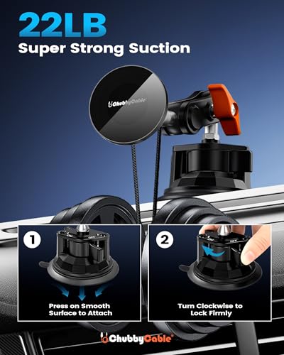 chubbycable ChubbyGrip Magnetic Car Phone Holder 360° Adjustable Car Phone Mount for Windshield, Ultra-Durable Metal Suction Cup Phone Mount for iPhone Samsung All Smartphone, Magnetic - color: ChubbyGrip Pro (Magnetic)-Orange