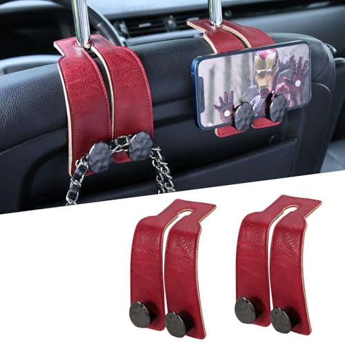 2PCS Leather Car Seat Hooks for Headrest, Vehicle Hanger Storage Organizer Universal for Handbag Purse, Car Accessories Gift (Red-Black) - color: Red-Black