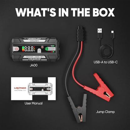 LOKITHOR J400 2000A 12V Portable Lithium Jump Starter, Car Battery Booster Pack, USB-C Powerbank Charger, and Jumper Cables for Upto 8.0-Liter Gas and 6.0-Liter Diesel Engines - color: White