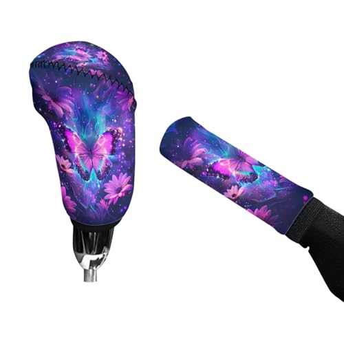 KEIAHUAN 2 Pack Purple Butterfly Car Gear Shift Knob Cover & Handbrake Cover Breathable Anti-Slip Comfy Gear Shift Covers Universal for Most Cars,Sedans,SUVs - color: Butterfly-purple