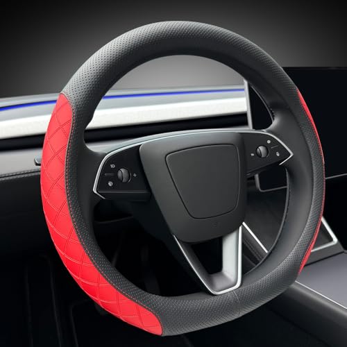 LKWLIKEI Leather Steering Wheel Cover. Elegant Diamond Checkered Design, Non-Slip and Breathable, for Tesla Model 3/Y Steering Wheel Protector,Black Red - color: Black Red