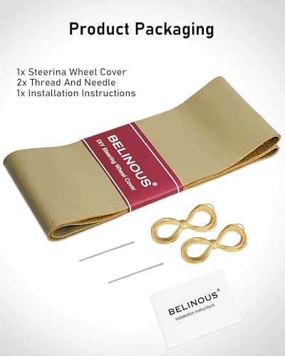 BELINOUS Leather Steering Wheel Cover Lace Up, Stitch on Steering Wheel Wrap, Universal Fit 13-20 Inch Car Truck Pickup Boat, A Whole Piece of Cowhide, DIY w/Needle Thread (Size XL0, Beige) - color: Beige, size: Xl0