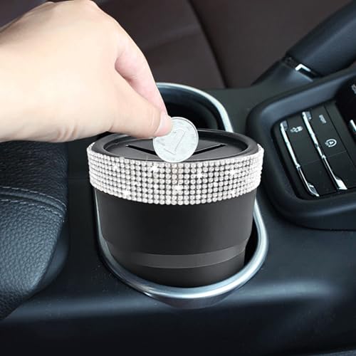 INSTOME Bling Car Trash Can with Lid，Bling Car Change Holder with Lid,Mini Trash Can Cup Holder in Console Pocket Dustbin Cans Portable for Car, Home, Office - color: silver