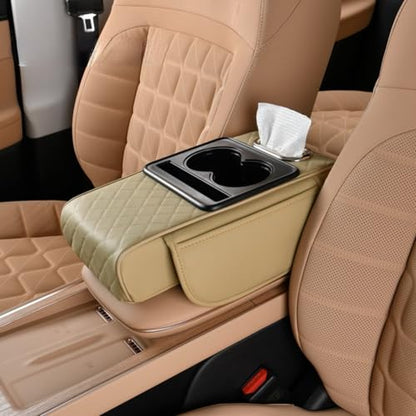 Car Center Console Pad Leather Armrest Pad w/Cup Holder, Tissue Box Slot, Side Bag, Phone Slot for Car Sedans (Quilted, Beige) - color: Beige, style: Quilted