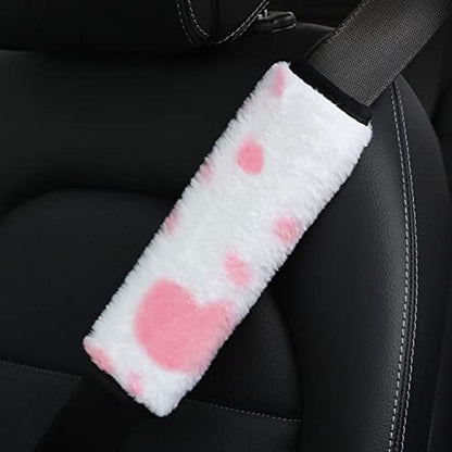 Pinbola 5pcs in 1 Set Faux Wool Steering Wheel Cover Soft Fluffy Handbrake Cover & Gear Shift Cover & 2pcs Seat Belt Shoulder Pads Warm Universal Fit for 15 Inch (Cow Pink) - color: Cow Pink