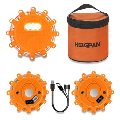 HEIGPAN GP903B Rechargeable LED Road Flares 3 Pack, USB-C Emergency Warning Lights with Magnetic Base, 9 Modes Flashing Beacon for Car Truck Boat – No Batteries Needed - color: USB-3pack