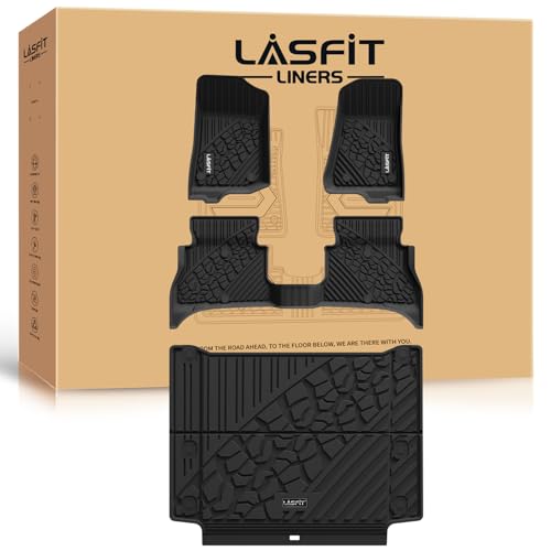 LASFIT Floor Mats & Trunk Mat for Jeep Wrangler Unlimited 4XE 2021-2025 4 Door, Plug-in Hybrid EV-Gas (PHEV), All Weather TPE Custom Fit Floor Liners Cargo Mat Black - style: Wrangler 4XE 21-25