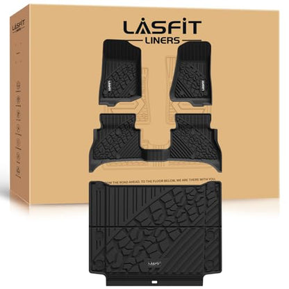 LASFIT Floor Mats & Trunk Mat for Jeep Wrangler Unlimited 4XE 2021-2025 4 Door, Plug-in Hybrid EV-Gas (PHEV), All Weather TPE Custom Fit Floor Liners Cargo Mat Black - style: Wrangler 4XE 21-25
