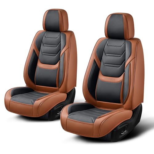 TIEHESYT Leather Car Seat Covers Full Set with Lumbar Support, Waterproof Car Seat Cover, Universal Seat Covers for Cars, Trucks, SUVs, Sedans, Pickups, Airbag Compatible, Front Pair, Brown&Black - color: Brown&Black, size: Front Pair Headrestless