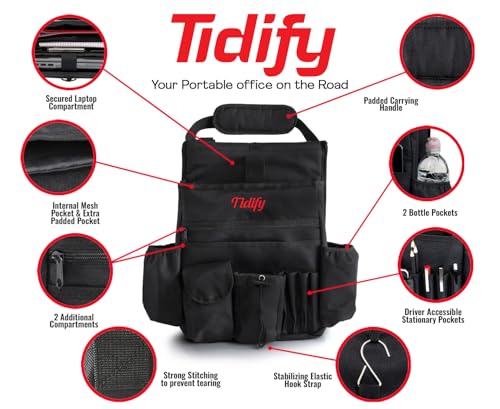 Tidify Back Seat Car Organizer with Dedicated Tablet and Laptop Storage Stabilizing Side Straps Soft Adjustable Shoulder Strap and Hardened Buckles Your Office Away from Office