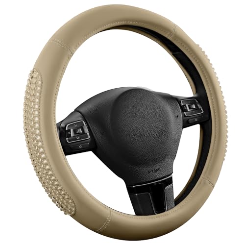 PIC AUTO Steering Wheel Cover, Glitter Gel Particles & Beige Luxury Leather Car Steering Cover, Universal Fit 14.5"-15.5" Anti-Slip Car Wheels Cover for Girls & Women - color: Beige