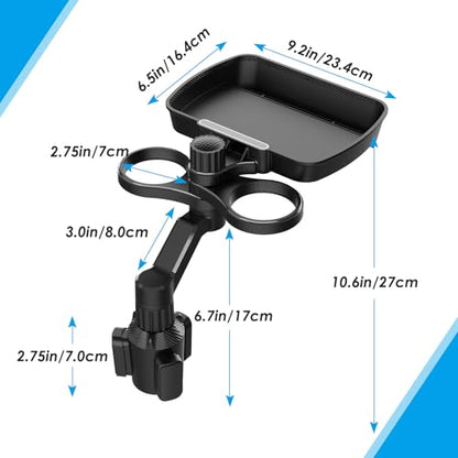 Biupky Car Cup Holder Expander, 4-in-1 Universal Cup Holder Tray Compatible with 2.6" to 3.94", Multi Cup Holders Table with Large Food Tray Phone Mount, for Travel Auto Trucker Road Trip Essentials