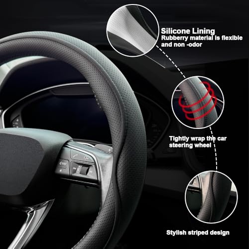 HAOTULE Leather Steering Wheel Cover， with Anti-Slip Stripe Design - Enhanced Grip, Fashion Style, Safe, Non-Slip, Breathable. Upgrade car Interior，Black - color: Black