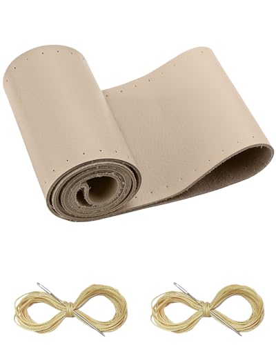BELINOUS Leather Steering Wheel Cover Lace Up, Stitch on Steering Wheel Wrap, Universal Fit 13-20 Inch Car Truck Pickup Boat, A Whole Piece of Cowhide, DIY w/Needle Thread (Size M0, Light Beige) - color: Light Beige, size: M0