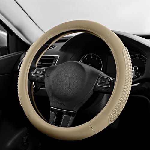 PIC AUTO Steering Wheel Cover, Glitter Gel Particles & Beige Luxury Leather Car Steering Cover, Universal Fit 14.5"-15.5" Anti-Slip Car Wheels Cover for Girls & Women - color: Beige