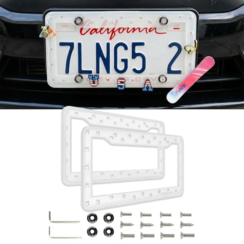 DIY Charm License Plate Frame Crystal Clear, 2-Pack Premium TPU License Plate Holder Compatible with Shoe Charms, Anti-Theft Stainless Steel Hardware Kit & Tools, Rattle-Proof Drainage Design - color: Clear, size: 2 PCS