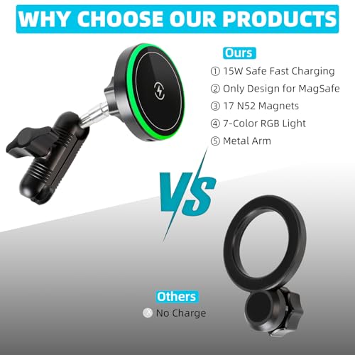 15W Magnetic Wireless Charging Phone Mount with Aluminum Double Socket Arm & 17mm/0.67" Ball -Replacement Base for Car Air Vent, Dashboard, Windshield Holder, Compatible with MagSafe iPhone - style: Wireless Charging with Metal Arm