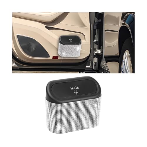 AICEL Bling Car Trash Can with Lid, Crystal Rhinestones Leakproof Auto Garbage Hanging Container Bin, Multipurpose Diamond Dustbin Storage Organizer, Universal Vehicle Accessories (White) - color: White