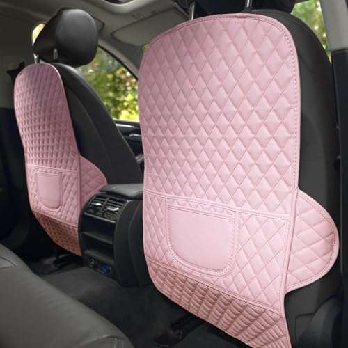 SUTSU Kick Mats Back Seat Protectors - Premium Leather Car Seat Back Protector with 2 Storage Pocket, Fits Most Cars - Stylish Car Interior Decor Accessories for Women & Girls 2Pcs (Pink-Long) - color: Pink-long