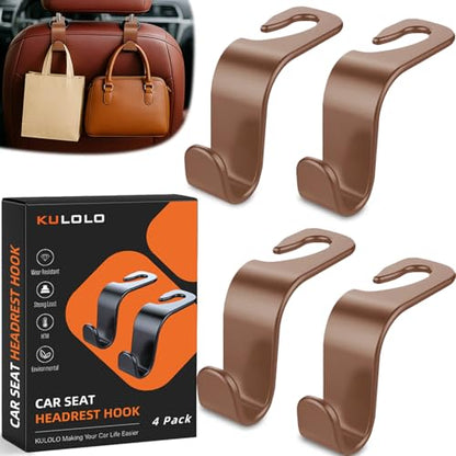 Car Seat Hooks & Purse Holder - 4 Pack Boxed,55 lb Heavy Duty,Eco PP Car Hooks for Purse/Bag/Baby Gear/Gym Bag/Groceries/Cup/,Fits 0.32-0.55”Car Headrest Rods (Brown) - color: Brown