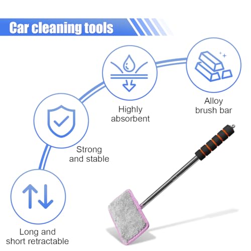 Car Windshield Cleaner Tool, Retractable Rearview Mirror Brush with Extendable Handle, Microfiber Window Washing Pad, Portable Auto Glass Wiper for Car Home Office(Pink) - color: Pink