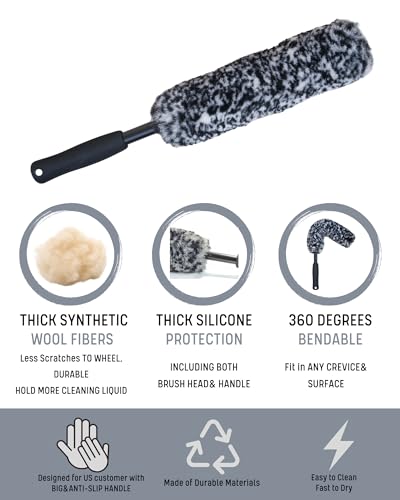 PRO Choice 4 Pack Long Handle Wheel Brush Kit for Cleaning Wheel and Tire- 2X Soft Wheel Cleaning Brush, Detailing Brush and Stiff Tire Brush - color: Grey & White