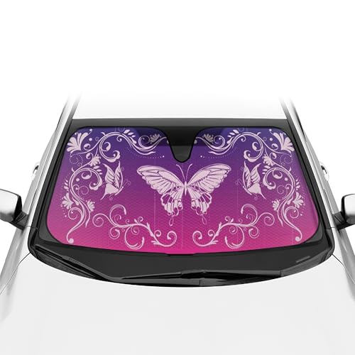 BDK Pink Butterfly Front Windshield Sunshade Accordion Folding Style Auto Shade for Cars Trucks SUVs Vans Blocks UV Rays Sun Visor Protector Easy Setup Keeps Your Vehicle Cool 58" x 27"