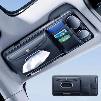 Leather Car Visor Organizer with Tissue Holder, Card Holder and Sunglasses Clip