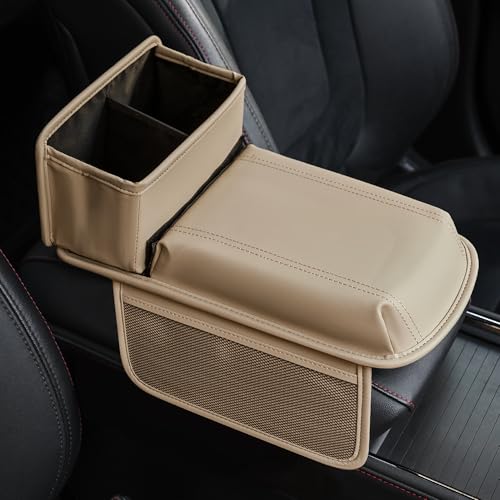 JEYODA Upgraded Car Armrest Cover,Premium Leather Car Armrest Cover Cushion with Storage Holder, Caddy for car (beige) - color: beige