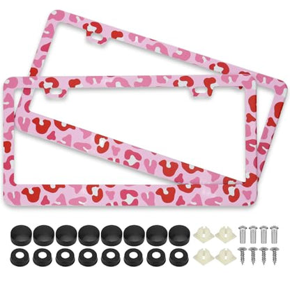 Leopard Print License Plate Frames Pink, 2 Pack Leopard Car Plate Frame, Stainless Steel License Plate Holders Covers with Free Screws Fasteners Caps (Pink Leopard Print) - color: Pink leopard print