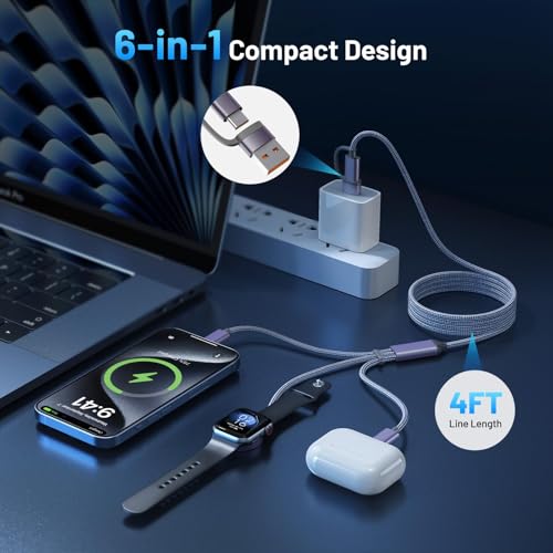 60W Fast Charging Cable for Apple Watch Charger, 6-in-1 Portable Multi Charging Cable for Apple Watch Series 1–11/SE/Ultra (Grey, 120) - color: Grey