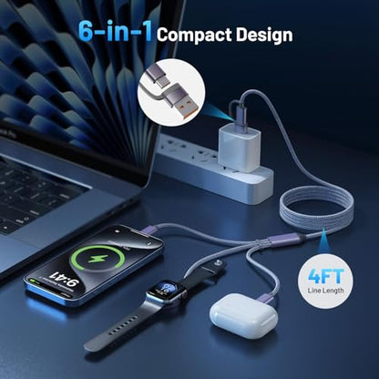 60W Fast Charging Cable for Apple Watch Charger, 6-in-1 Portable Multi Charging Cable for Apple Watch Series 1–11/SE/Ultra (Grey, 120) - color: Grey