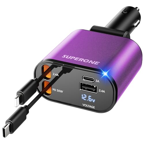 SUPERONE 【Upgraded】 Retractable Car Charger 4 in 1, Fast Car Phone Charger with Cord 2.6ft, USB C and Apple Car Charger Adapter, Compatible with iPhone 17/16/15/15 Pro Max/14/13/12/11, Galaxy, Pixel - color: Purple