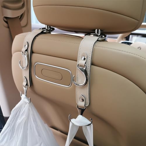 Car Purse Hook for Men Women-Upgraded 3 in 1 Stronger Superior Leather Car Purse Holder Vehicle Seat Headrest Hanger Hooks for Grocery Bag Coats Umbrellas Handbag Car Hooks Car Accessories Interior - color: Beige