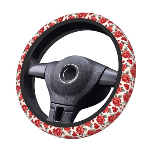 Steering Wheel Cover Rose Heart Pattern Flower Elastic Neoprene, Anti-Slip Universal Fit 14.5-15 Inch, Car Accessories Interior Decoration Wheel Protector for Cars, SUVs, Trucks - color: A082