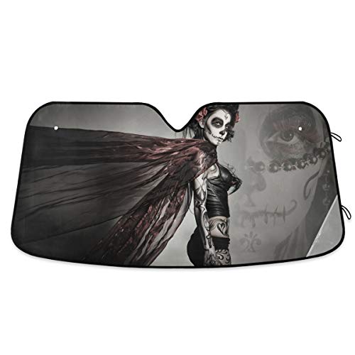 Sexy Tattoo Woman Skull Girl Car Windshield Sun Shade Block UV Rays Sun Visor Protector Accordion Folding Sunshade Keep Vehicle Cool&Damage Free, Easy to Use, Fits Windshields of Various Sizes - color: Black grey-sexy tattoo skull girl