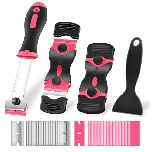 NECAMOCU 4 Pack Razor Blade Scraper, Premium Cleaning Scraper Tool with 50 PCS Metal & Plastic Razor Blades, Multi-Purpose Glass Scraper for Windows, Sticker, Decals, Cooktop, Paint Removal (Pink) - color: Pink
