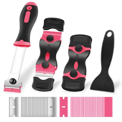 NECAMOCU 4 Pack Razor Blade Scraper, Premium Cleaning Scraper Tool with 50 PCS Metal & Plastic Razor Blades, Multi-Purpose Glass Scraper for Windows, Sticker, Decals, Cooktop, Paint Removal (Pink) - color: Pink